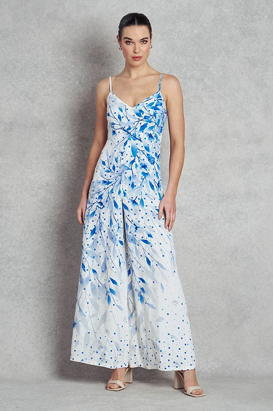 Asteria Jumpsuit | White with Blue Print |